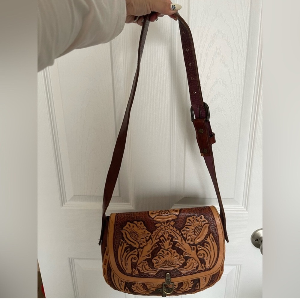 Vintage Hand Tooled Western Floral Leather Crossbody Bag purse tanBrown Cowgirl - Picture 3 of 6